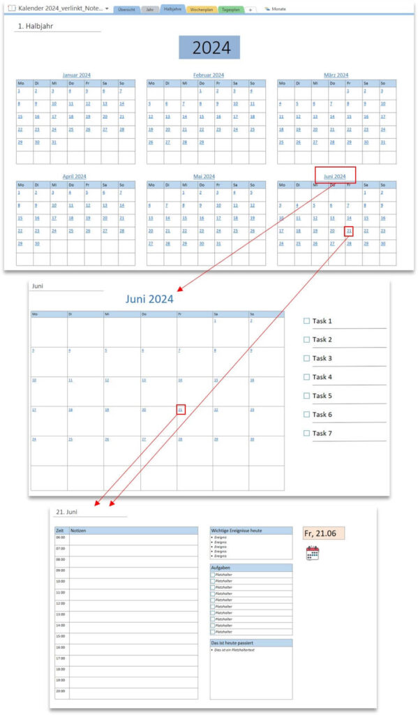 OneNote Kalender mit interner Link-Struktur