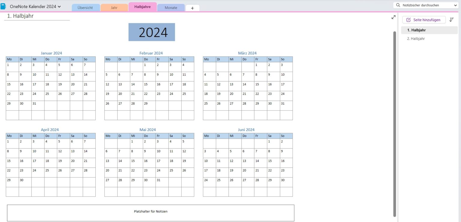 OneNote Kalender 2024 (StandardVersion) NoteVorlagen.de