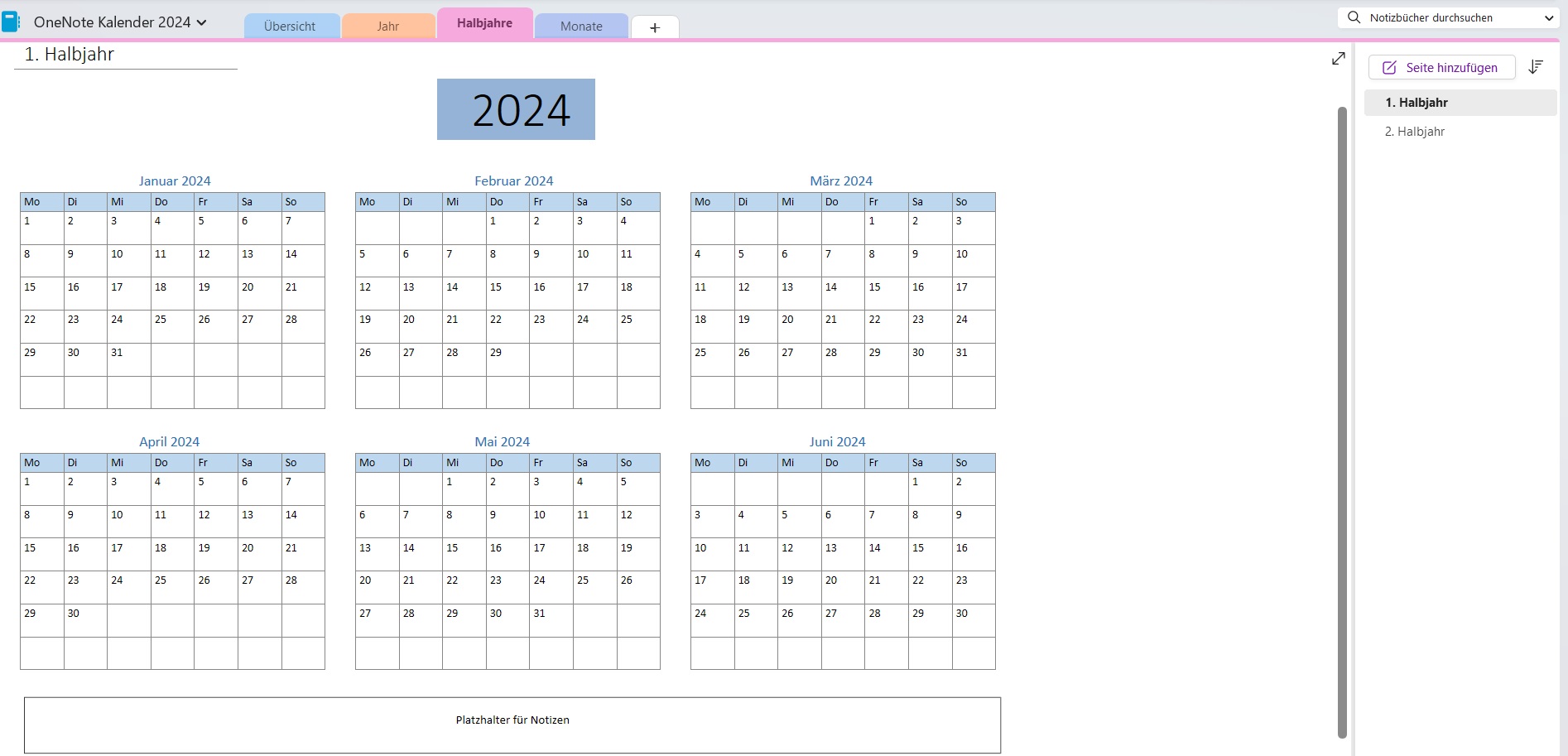 OneNote Kalender 2024 (StandardVersion) NoteVorlagen.de