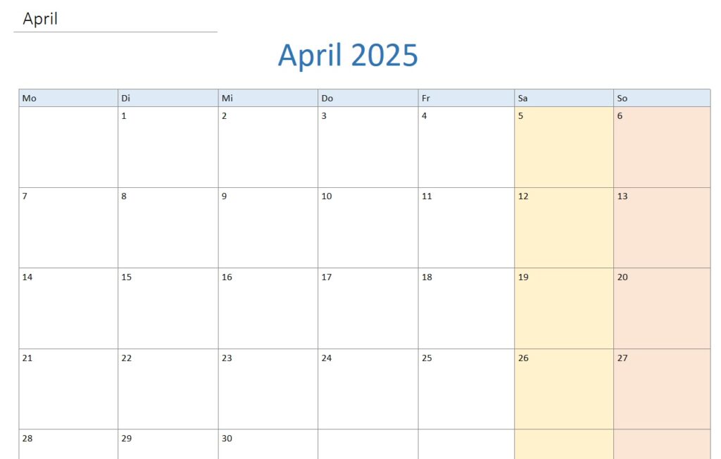 Kalender Tabelle Beispiel